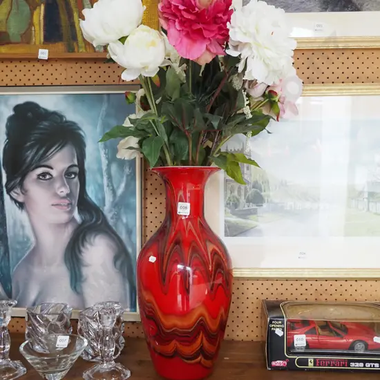 tall red glass vase, faux flowers Vase H-450