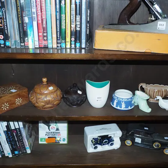 shelf; wooden cover pots, trinket box, vases etc