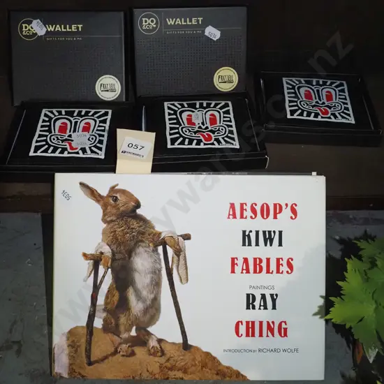 Dick Frizzell branded wallets, Ray Ching Kiwi Aesops Fables book