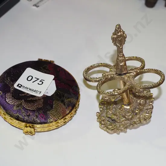 small hand held mirror, small cast metal stand