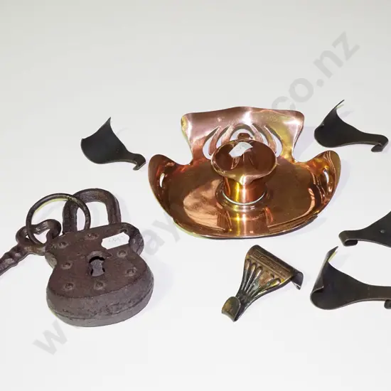 reproduction padlock, picture hooks, art nouveau copper inkwell