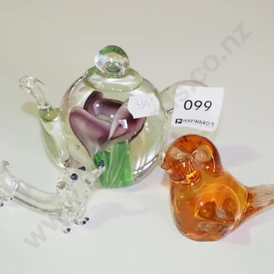 art glass teapot, sparrow, dog