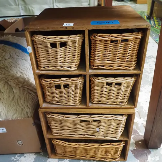 2x wooden storage crates with internal seagrass baskets Each H-260