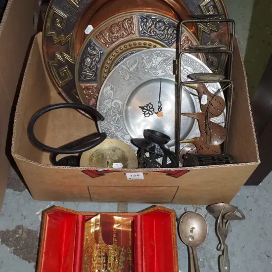 box; brass and copper wall chargers, tea candle stands, wall clock etc