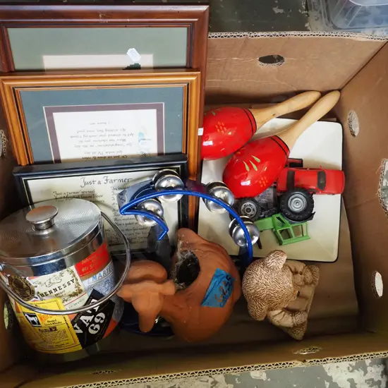 box; maracas, tambourine, prints etc