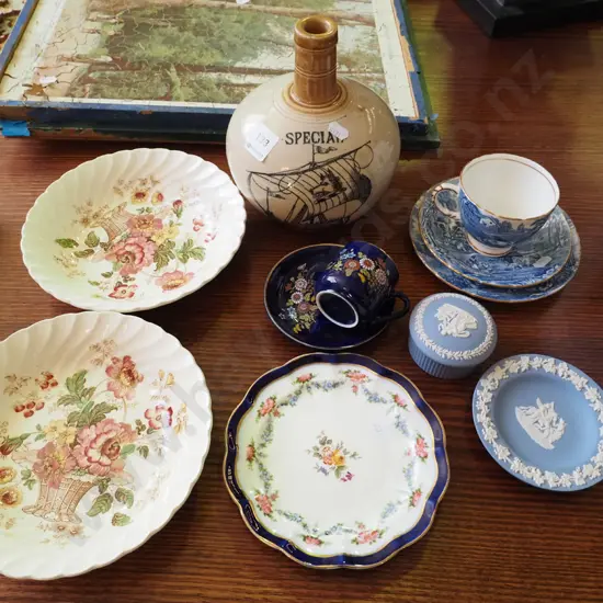 stoneware whisky bottle, jasperware bowls etc