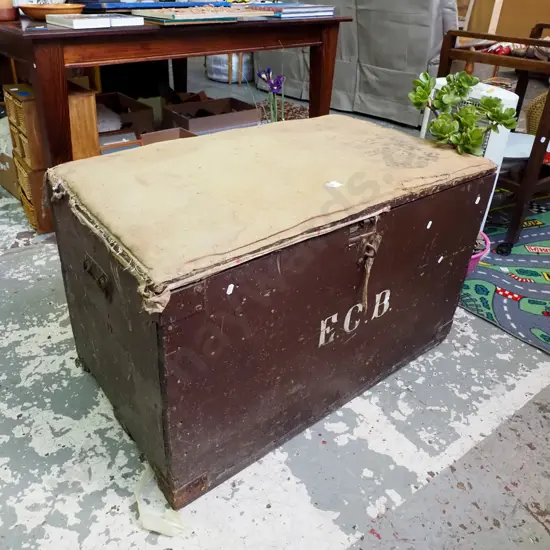 large vintage travellers trunk with hessian upholstered top