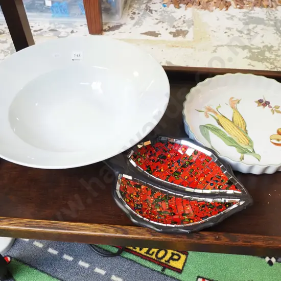 large white fruit bowl, mosaic leaf bowl, Royal Worcester Evesham dish