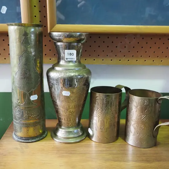 2x brass tankards, 2 x brass vases Tallest H-280
