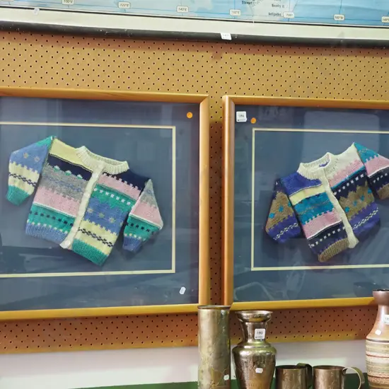 2x children's hand knitted jerseys in frames