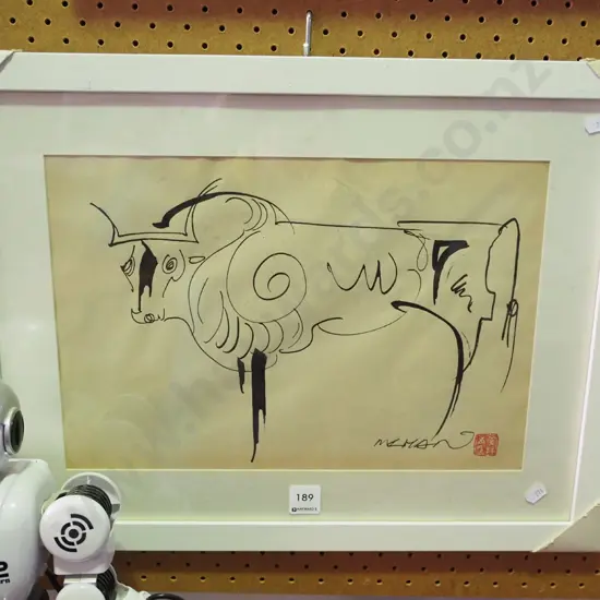 Asian framed ink - buffalo/cow