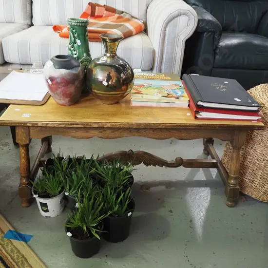 retro oak stretcher base coffee table