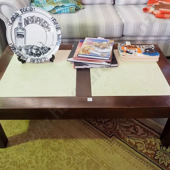 dark wooden coffee table with 2 large tile insets H-400 W-1230 D-710