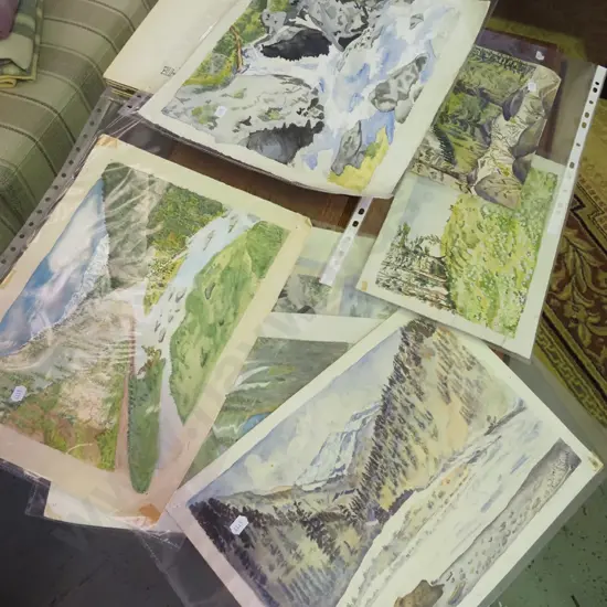 numerous unframed watercolours -  landscapes