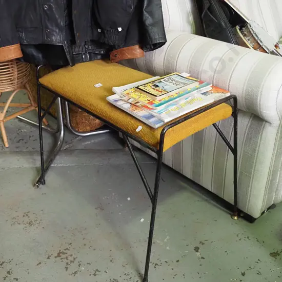 retro metal and mustard upholstered small bench seat H-580 W-790 D-360