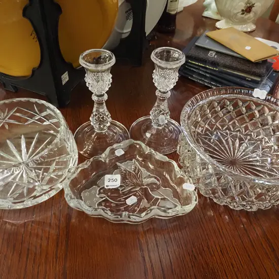 cut crystal bowls, candlesticks, pressed glass angel bowl