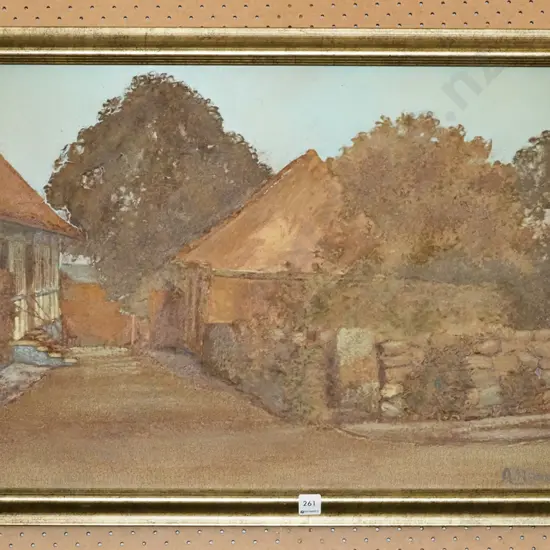 A Hansen '64 - framed oil on board - house and barn