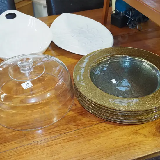 6x large gold and bubble glass dining plates, glass cover dome