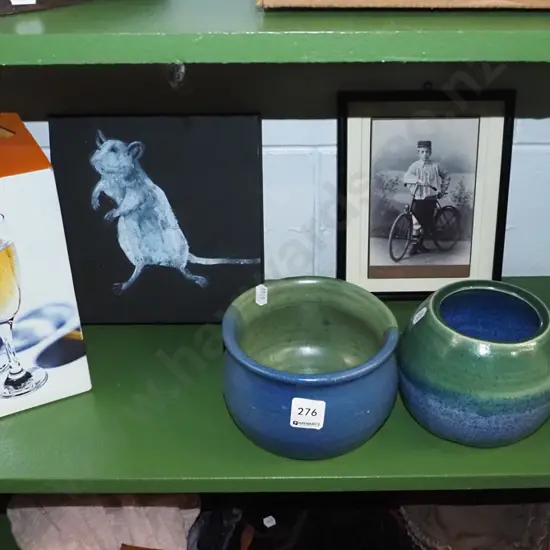shelf; wine glasses, bowls, acrylic on canvas, photograph