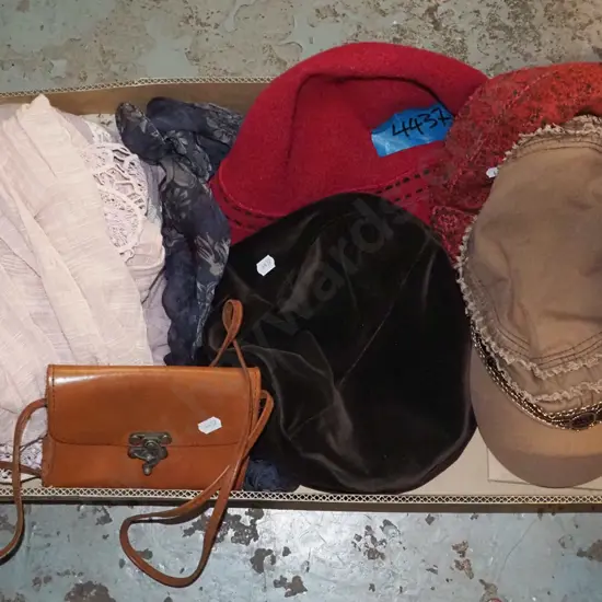 box; small purse, scarves, hats