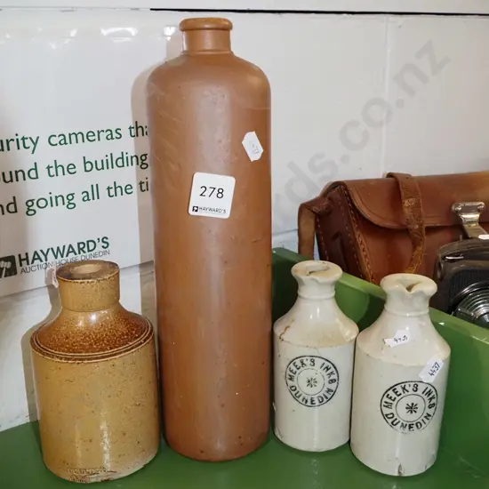 gin bottle, 3 ink bottles