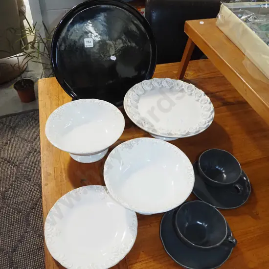 floral cake plate, cups, saucers, etc