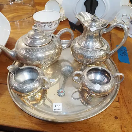 plated tray, tea pot, creamer etc