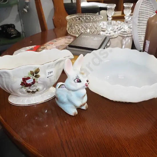 opaque footed glass bowl, red rose vase, rabbit vase