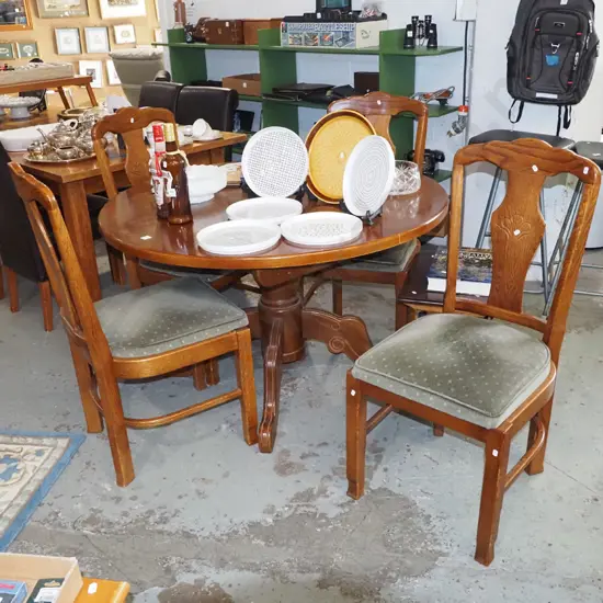 oak circular extending  pedestal dining table with 4 matching upholstered chairs H-740 Diam-1200