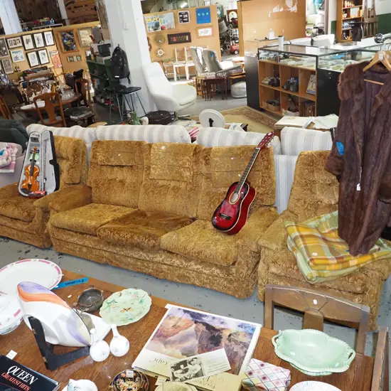 retro gold floral upholstered deep buttoned 3 piece lounge suite - 3 seater and 2 singles