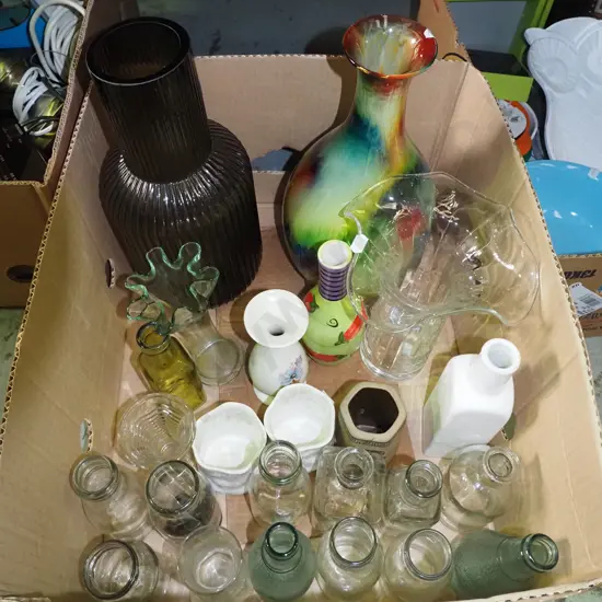 box of bottles and vases