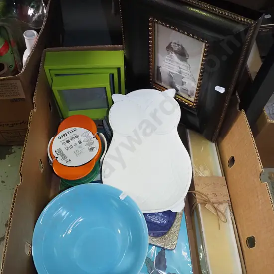 box of bowl, owl serving dish, framed photo, etc.