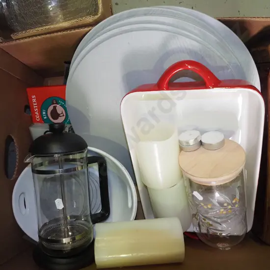 box of candles, coffee plunger, baking dish etc