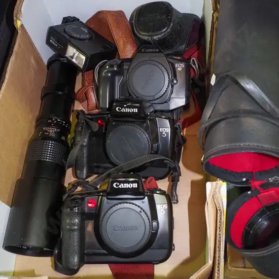box of 3 Canon EOS film cameras, old lens etc.