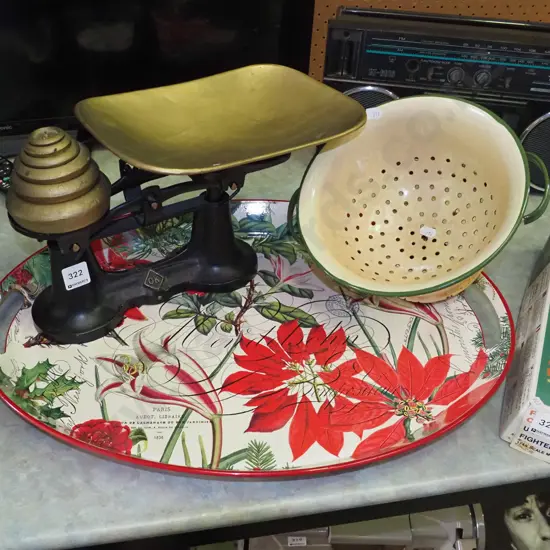 large tray, colander and vintage scales