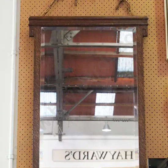 oak framed bevelled edge wall mirror, maybe from dresser