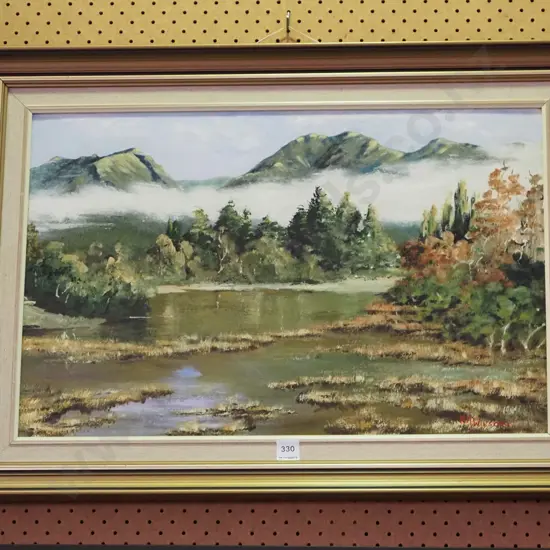 framed NA Wilson oil on board - river scene