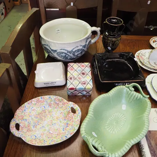 whisky adertising ashtrays, floral dish, footed bowl, etc.