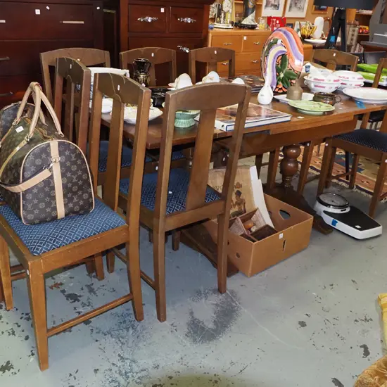 oak extending refectory base dining table with 8 upholstered chairs H-760 L-1820 W-840