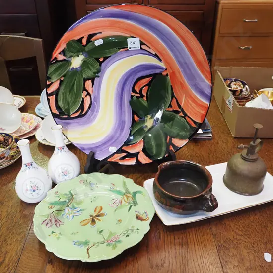 hand painted Tecla ceramics fruit bowl, Wedgwood bud vases,  studio pottery jug etc