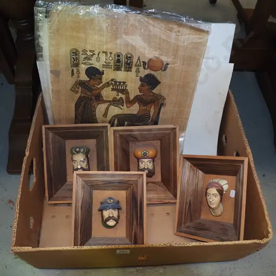 box: Egyptian papyrus painting, photographic prints, ceramic 3d wall plaque etc.