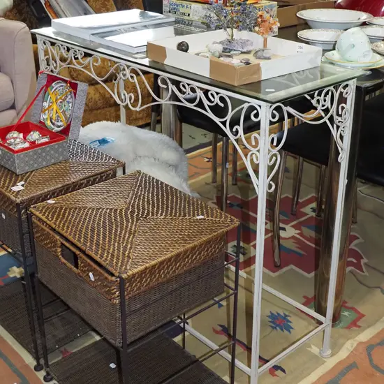 wrought metal glass topped hall table H800 L950 D330