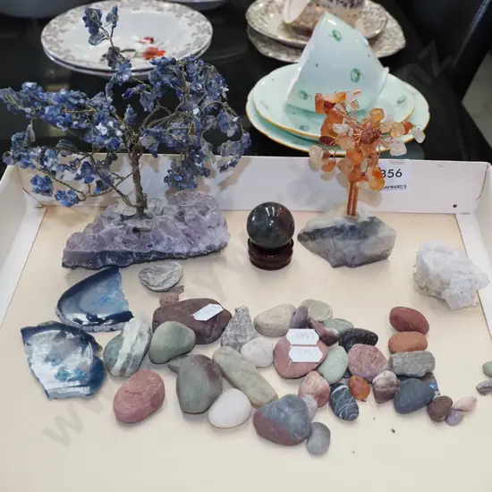 box: crystals, stones and 2 tree ornaments