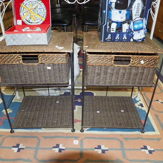 2 cane and metal bedside cabinets w/basket-drawers