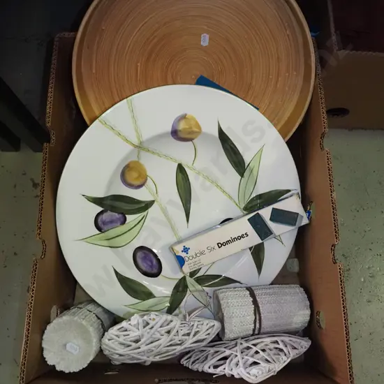 box; candles, fruit bowl, cane heart etc