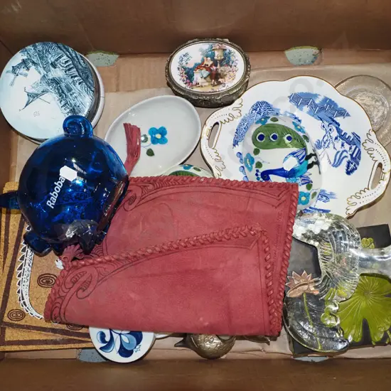 box; willow dish, ceramic trinket boxes, plastic piggy banks etc