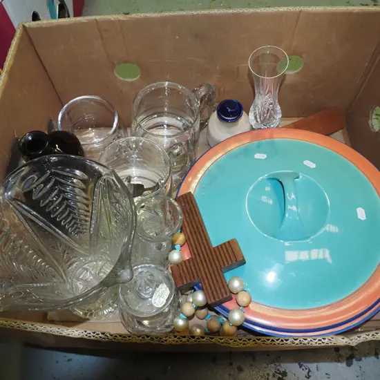 box; crucifix, glass beer mugs, Temuka lidded vege etc