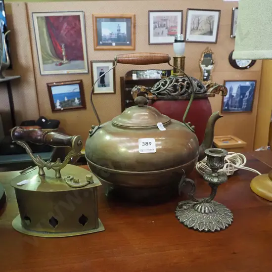 copper kettle, vintage hot coal iron, plated candlestick
