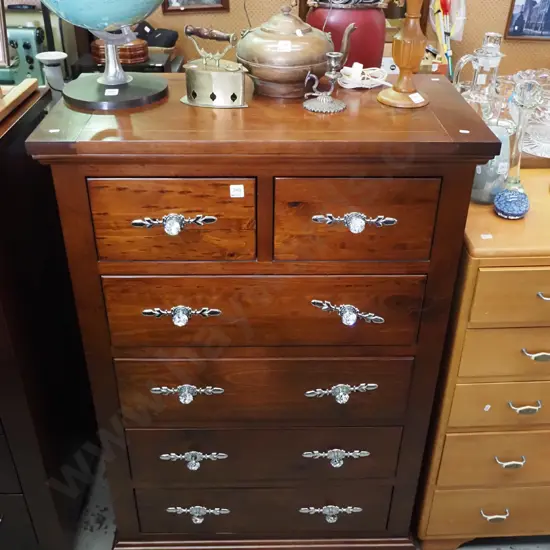 solid pine 6 drawer tall boy - original handles with decorative cut glass and chrome handles 
