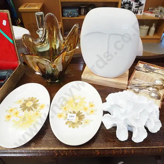 amber glass vase, Crown Lynn plates, teaspoons, ornament etc